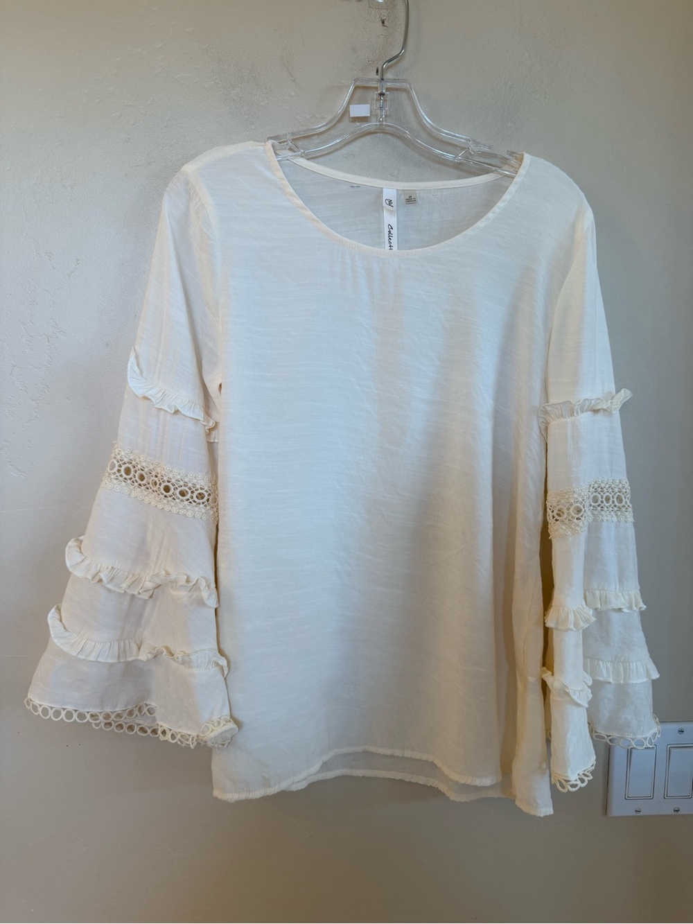NY Collection Cream Lace Tiered Bell Sleeve Top